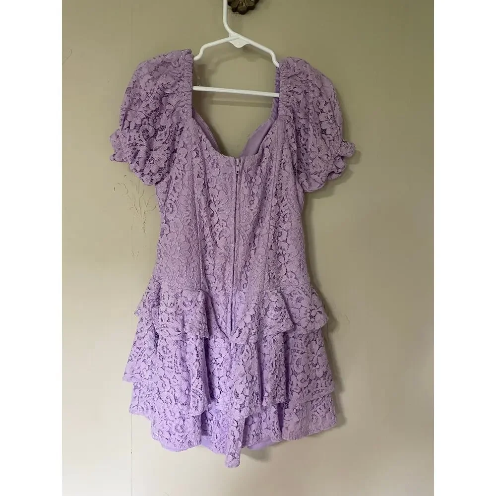 Rare Editions Lilac All Over Lace Romper with Ruched Bodice Milkmaid Coquette 8